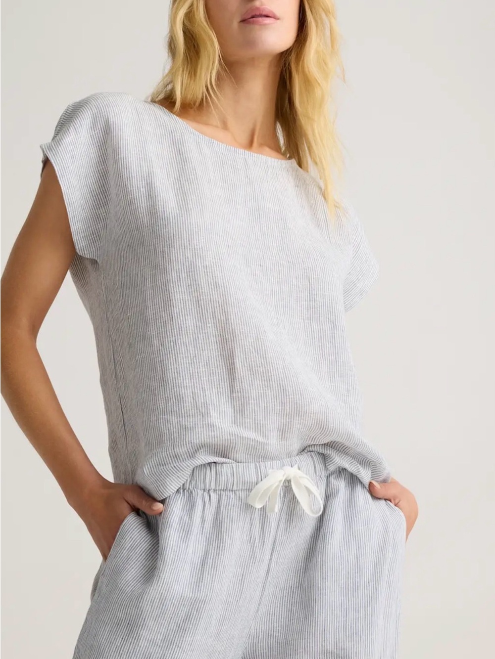 Quince Womens 100% European Linen Pajama Two Piece Set Blue Pinstripe L - Picture 2 of 12